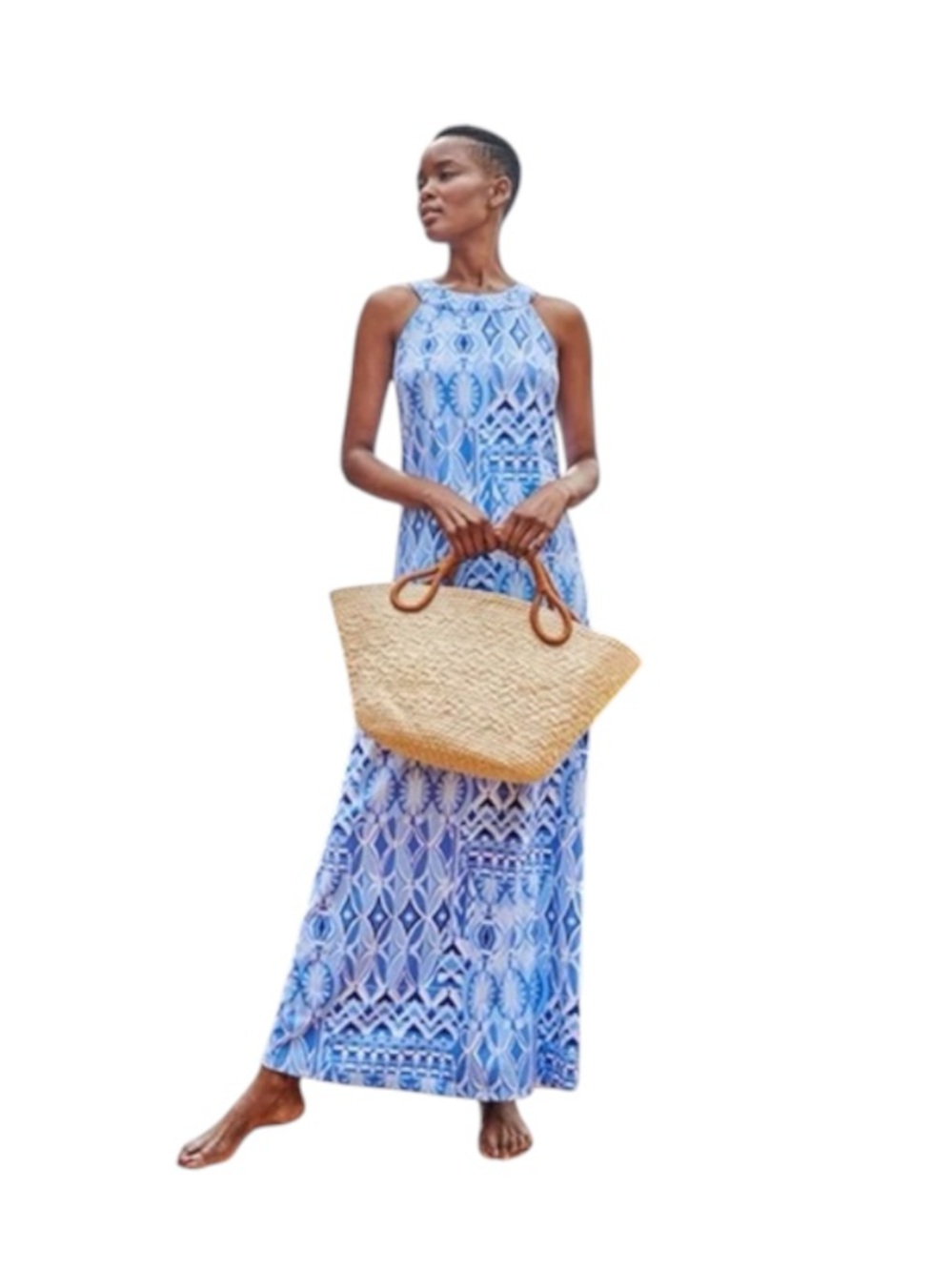 J. McLaughlin Edie Catalina Dress Blue White Print Maxi Sleeveless Dress Small